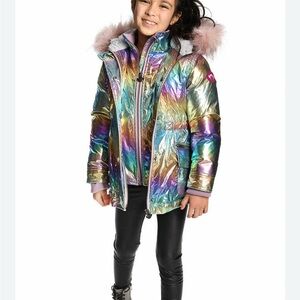 Appaman Middie Rainbow Ombre Puffy Coat Faux Fur Hood Girls 12